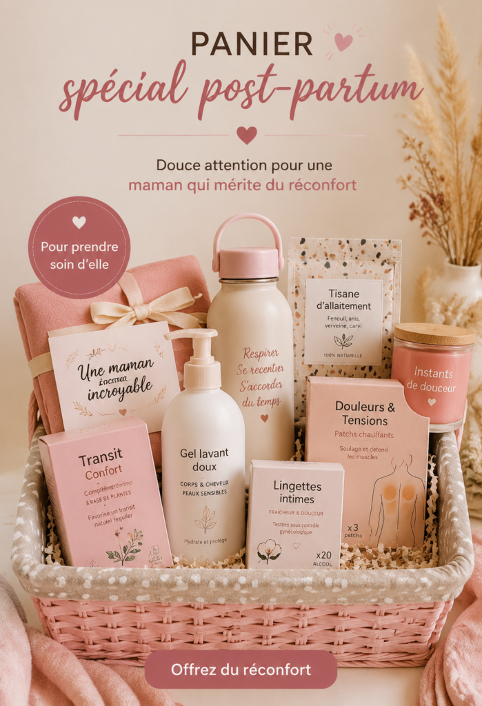 Panier cadeau rempli de douceurs et de produits bien-être pour les jeunes mamans.