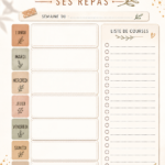 Femme souriante devant une table de repas bien organisée avec un planning visible.
