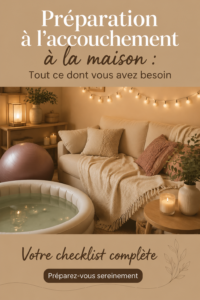Une femme heureuse préparant son accouchement à domicile avec une checklist.
