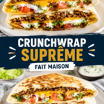 Crunchwrap maison sur une assiette, prêt à être servi, avec des ingrédients variés autour.