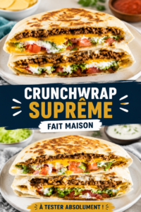 Crunchwrap maison sur une assiette, prêt à être servi, avec des ingrédients variés autour.