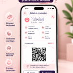 Femme utilisant une application de réservation de bus sur un smartphone.