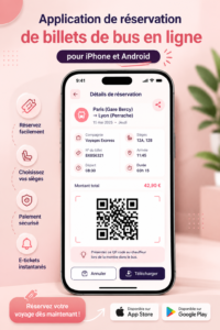 Femme utilisant une application de réservation de bus sur un smartphone.