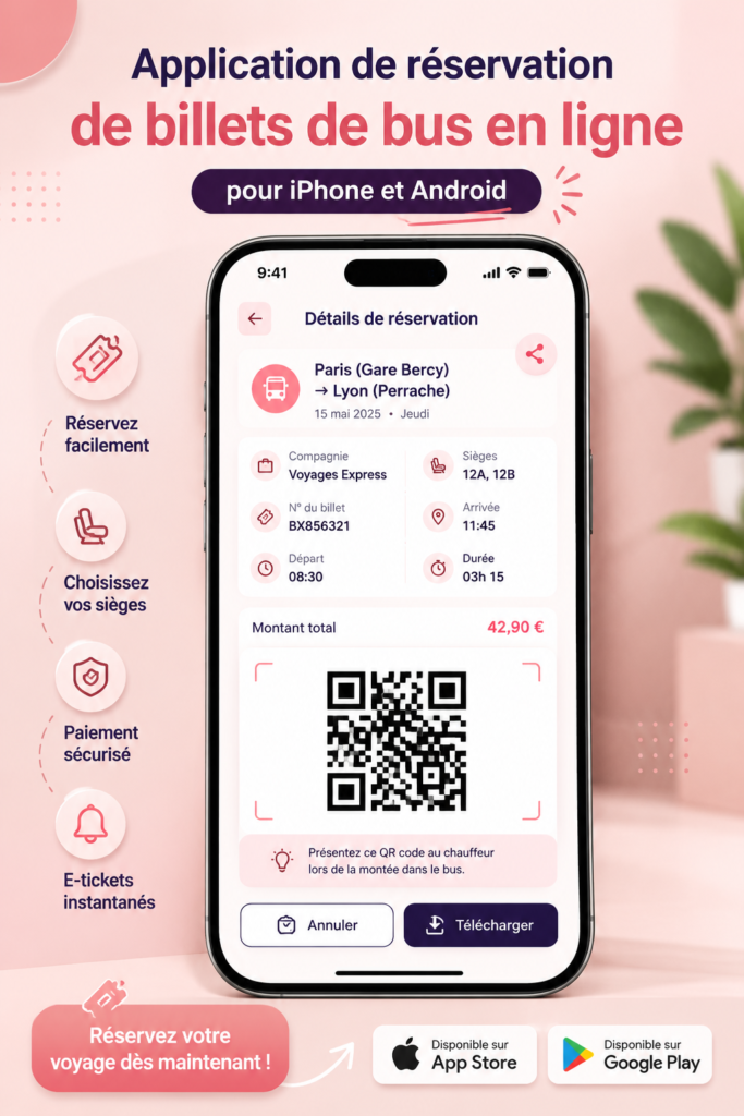 Femme utilisant une application de réservation de bus sur un smartphone.