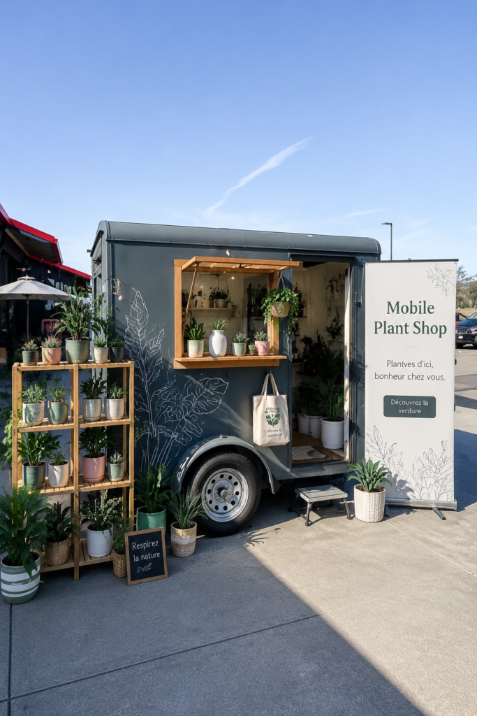 Vue d'une boutique mobile de plantes à Tacoma, pleine de verdure et de couleurs