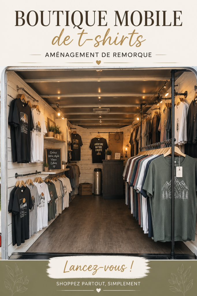 Une boutique mobile de t-shirts exposée lors d'un festival, avec divers designs créatifs.