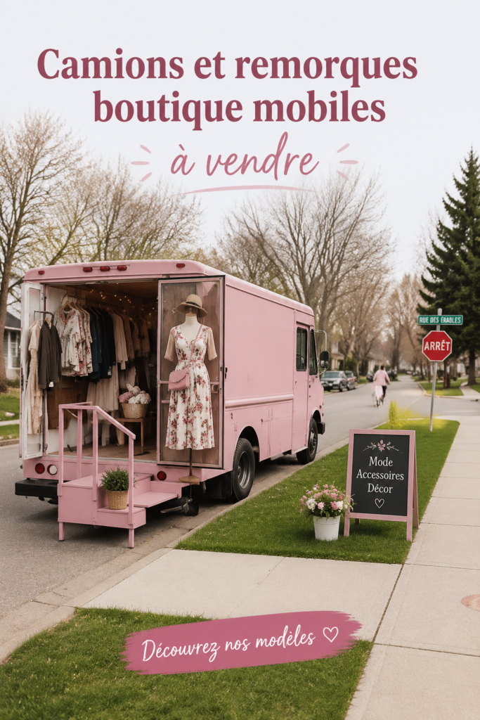Un camion boutique coloré garé dans un parc, prêt à vendre des produits artisanaux.