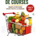 Panier de courses en métal rempli de produits frais au supermarché.