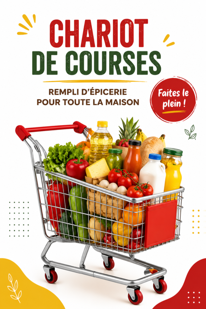 Panier de courses en métal rempli de produits frais au supermarché.