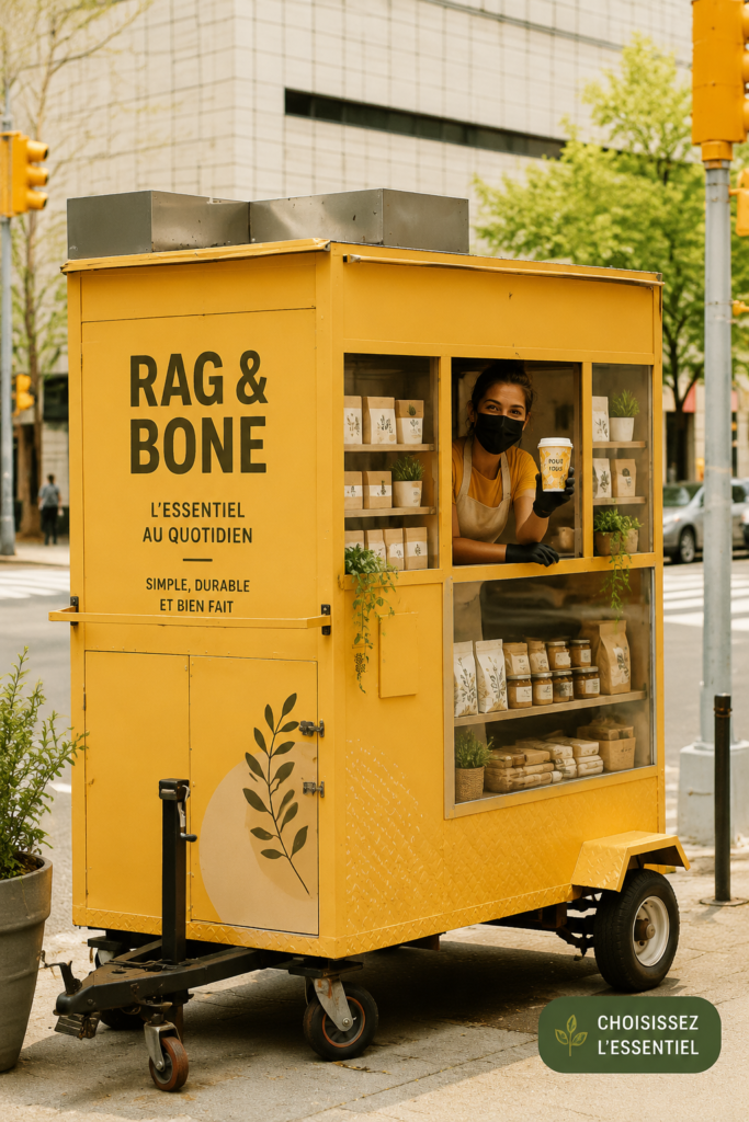 Un coffee cart élégant inspiré par Rag & Bone, décoré avec des éléments modernes.