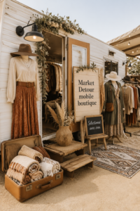 Une femme émerveillée par les produits d'une boutique mobile en train de faire ses courses.