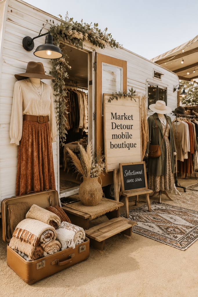 Une femme émerveillée par les produits d'une boutique mobile en train de faire ses courses.