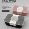 Différents contenants adaptés pour utilisation au micro-ondes, illustrant le rangement pratique en cuisine.