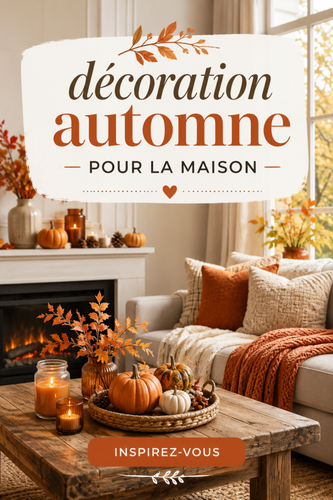 Exemple de décoration automnale chaleureuse dans un salon avec des couleurs chaudes et des objets naturels.