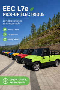 Pickup électrique EEC L7e sur une route de campagne, mettant en avant son design moderne et sa capacité tout-terrain.