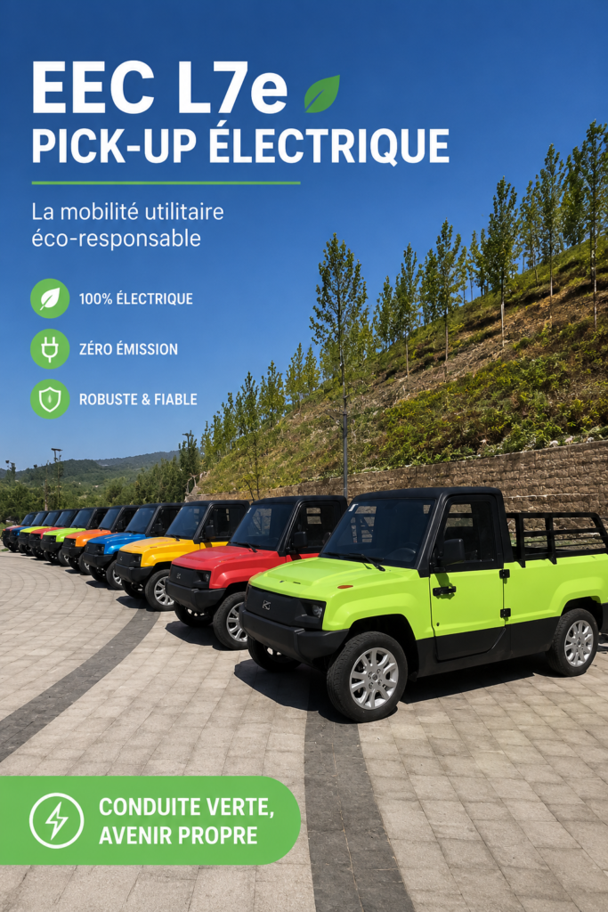 Pickup électrique EEC L7e sur une route de campagne, mettant en avant son design moderne et sa capacité tout-terrain.