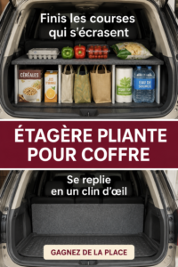 Étagère pop-up installée dans un coffre de voiture, optimisant l'espace de rangement.