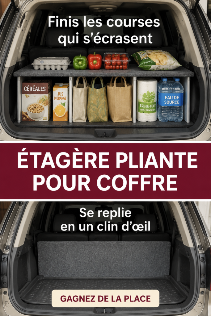 Étagère pop-up installée dans un coffre de voiture, optimisant l'espace de rangement.