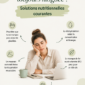 Femme active se sentant épuisée avec des aliments sains en arrière-plan.