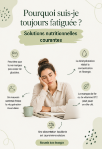 Femme active se sentant épuisée avec des aliments sains en arrière-plan.