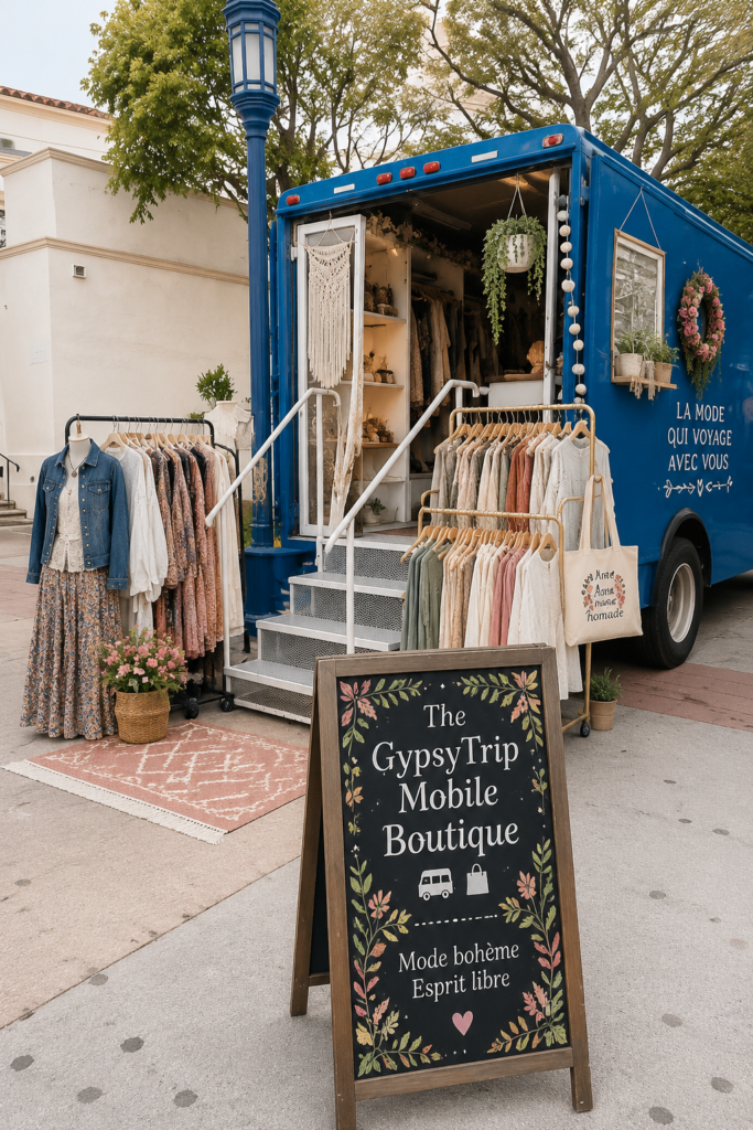Vue extérieure de la boutique mobile GypsyTrip avec son camion coloré et ses trésors en exposition.