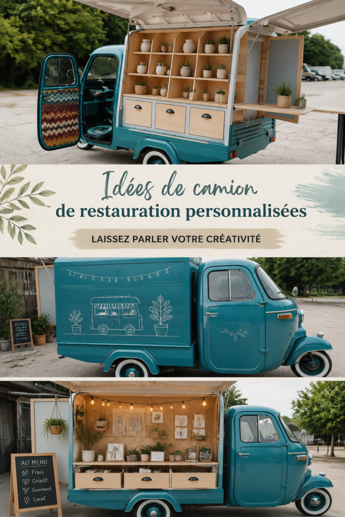 Un food truck coloré avec un design personnalisé dans un environnement animé.