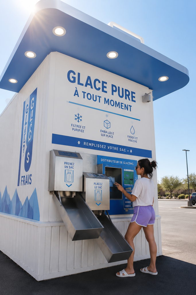 Un kiosque à glace en libre-service à Tucson avec de nombreuses saveurs exposées.