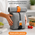 Lunchbox modulable avec compartiments empilables et gel packs en usage dans une cuisine moderne