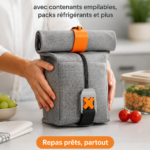 Lunchbox modulable avec compartiments empilables et gel packs en usage dans une cuisine moderne