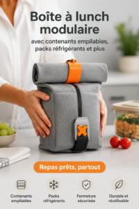 Lunchbox modulable avec compartiments empilables et gel packs en usage dans une cuisine moderne