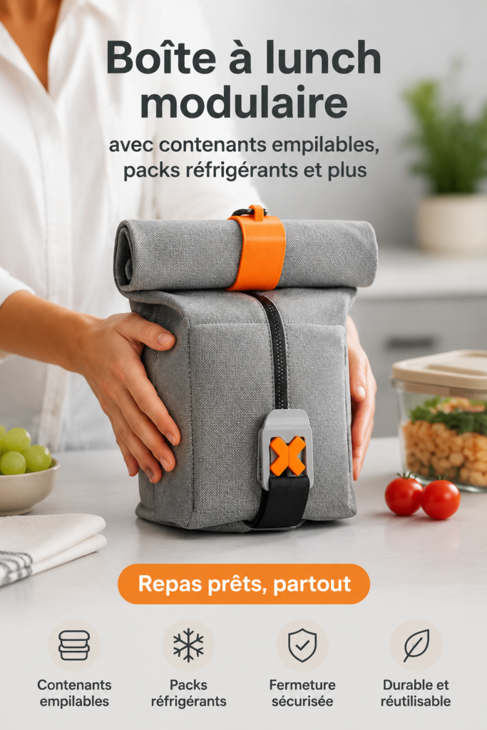 Lunchbox modulable avec compartiments empilables et gel packs en usage dans une cuisine moderne