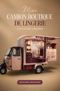 Un mini fashion truck coloré mettant en avant des ensembles de lingerie élégants.