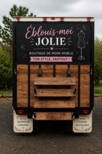 Image d'une boutique mobile de mode Bedazzle Me Pretty avec une sélection de vêtements