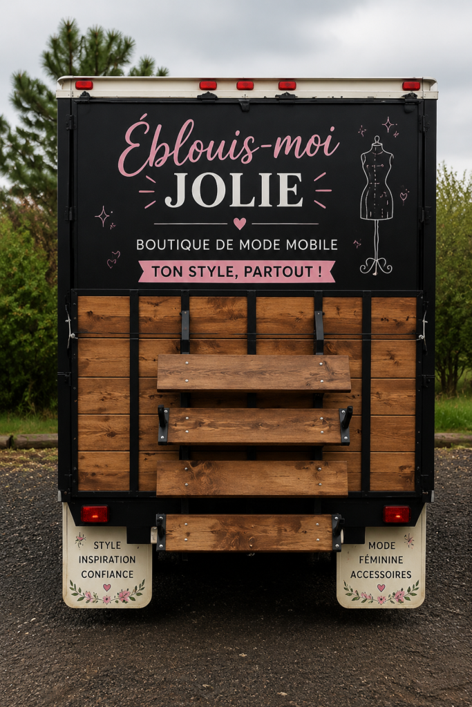 Image d'une boutique mobile de mode Bedazzle Me Pretty avec une sélection de vêtements