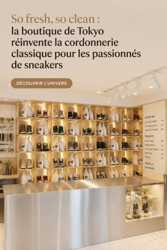 Magasin de nettoyage de sneakers à Tokyo avec un design moderne et accueillant.