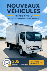 Variété de nouveaux véhicules chez Triple J Auto, incluant des modèles Honda, Ford et Mazda.