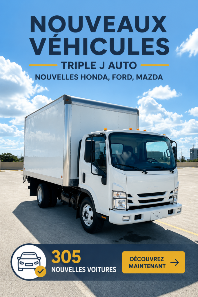 Variété de nouveaux véhicules chez Triple J Auto, incluant des modèles Honda, Ford et Mazda.