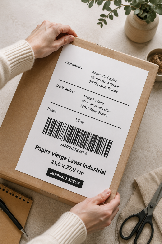 Papier vierge Lavex présenté sur un bureau créatif, prêt pour des projets.