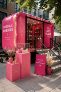 Vitrine colorée d'un pop-up store à Paris, mettant en avant des produits uniques et tendance.