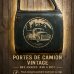 Une porte de camion vintage peinte avec un logo personnalisé, style années 30-50.