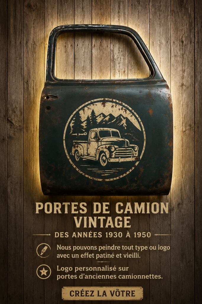 Une porte de camion vintage peinte avec un logo personnalisé, style années 30-50.