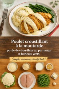 Photo d'un poulet croustillant à la moutarde avec purée de chou-fleur