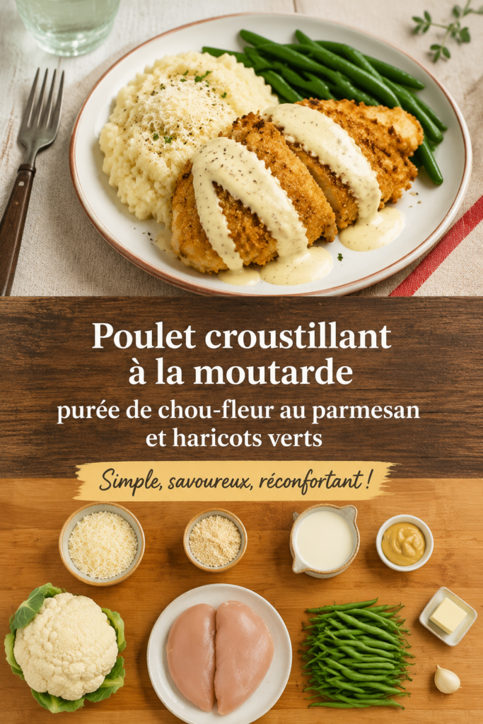 Photo d'un poulet croustillant à la moutarde avec purée de chou-fleur