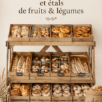 Stand de boulangerie avec présentation rustique mettant en valeur des pains et pâtisseries