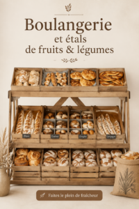Stand de boulangerie avec présentation rustique mettant en valeur des pains et pâtisseries