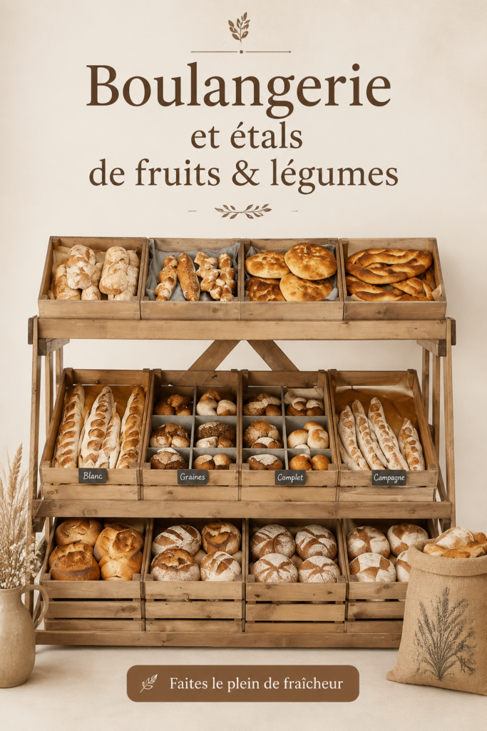 Stand de boulangerie avec présentation rustique mettant en valeur des pains et pâtisseries