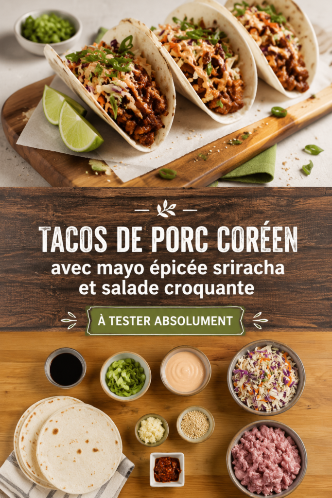 Tacos de porc coréen présentés sur une assiette avec garniture colorée.