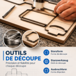 Différents outils de découpe disposés sur une table de travail avec des créations en arrière-plan
