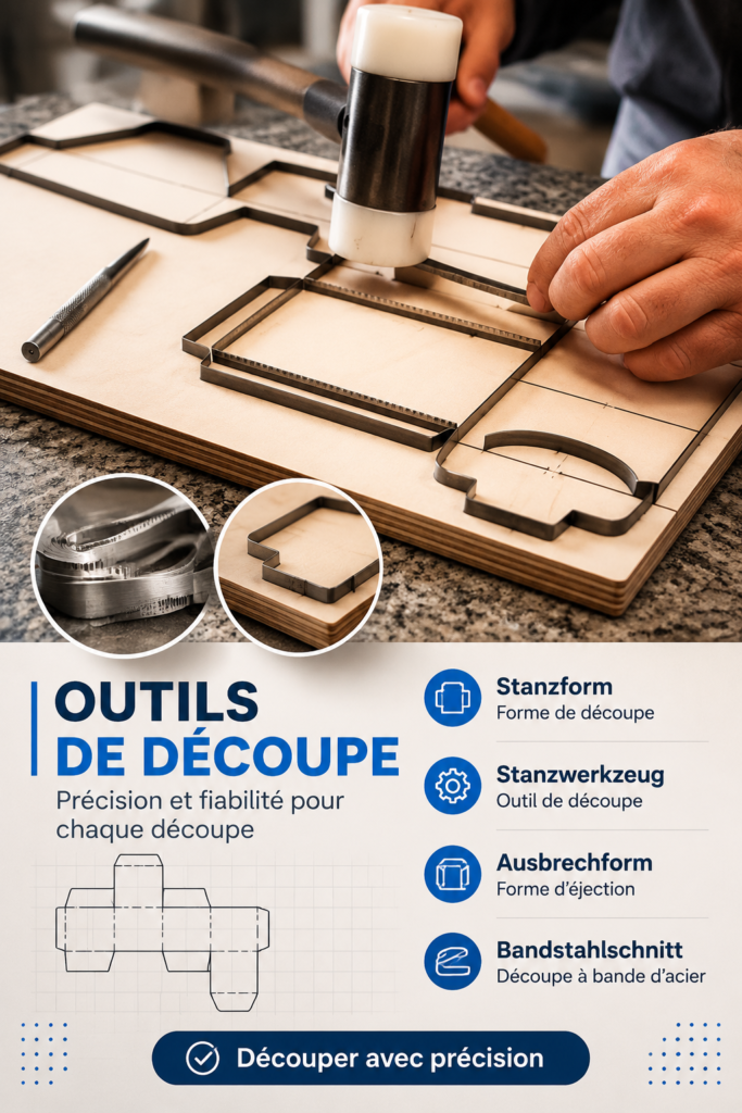 Différents outils de découpe disposés sur une table de travail avec des créations en arrière-plan