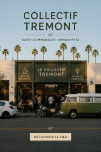 Vue panoramique du Tremont Collective avec des clients profitant d'une journée ensoleillée en bord de mer.
